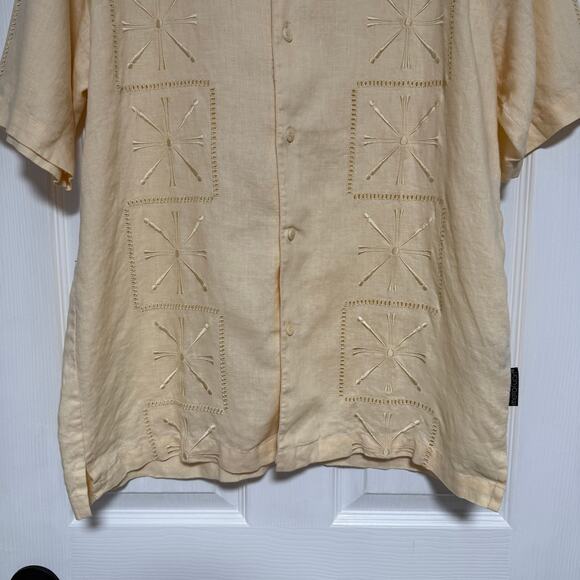 Metafuori Men's 100%Linen Light Yellow Embroidered Button Down Shirt Size Large - Picture 3 of 14